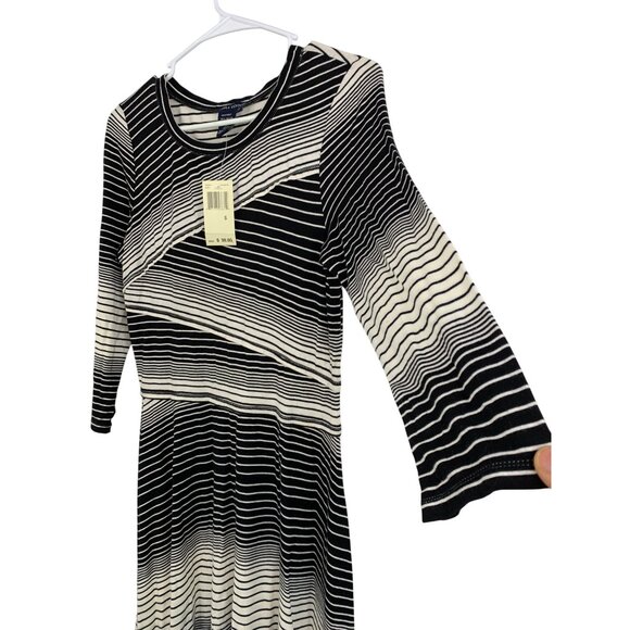 Black White Striped Fit & Flare Dress Max Edition 3/4 Sleeves Asym Hem Small - Picture 3 of 7